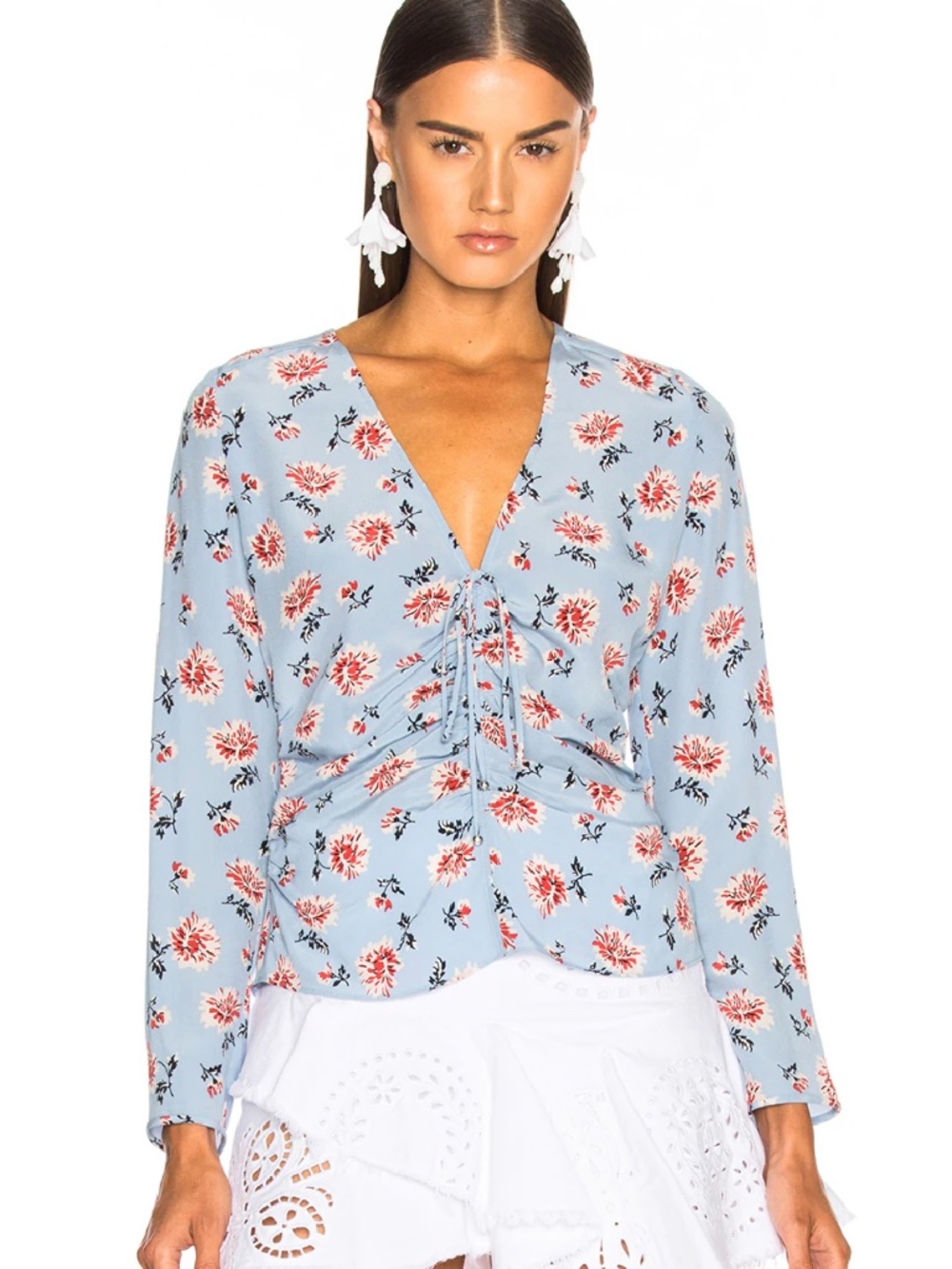 Veronica Beard 'Maisle' Light Blue Floral 100% Silk Ruched Side Zip Blouse VNeck